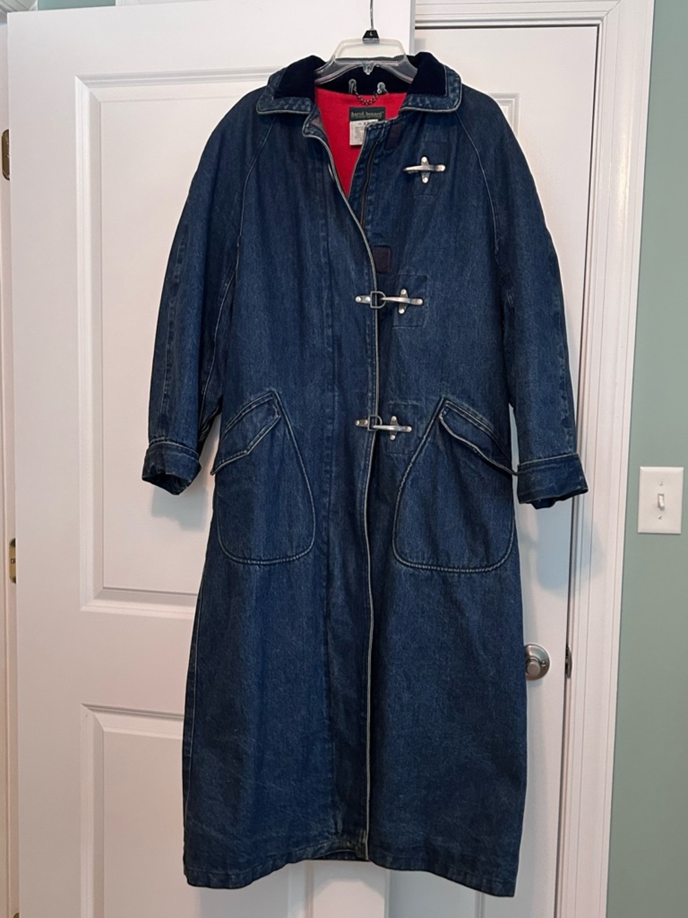 Harve Benard Dark Blue Denim Trench Coat with Red Lining